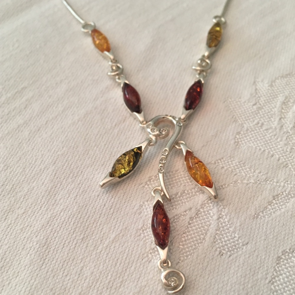 Necklace - Silver with Amber Stones
